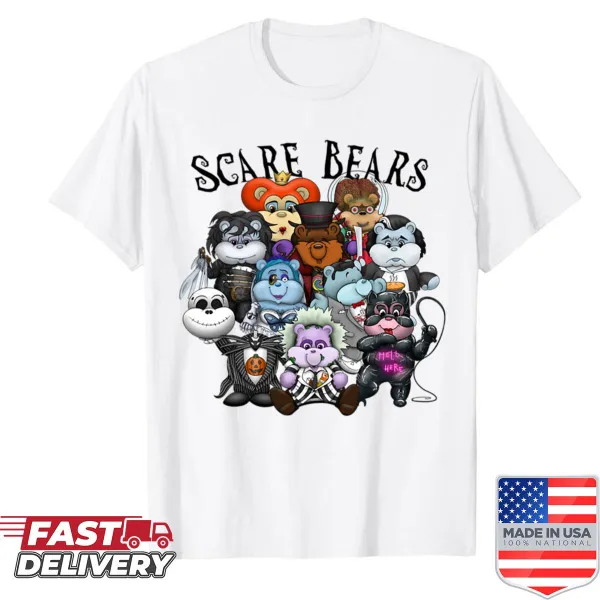 Group of horror-themed bears in a macabre design on a T-shirt