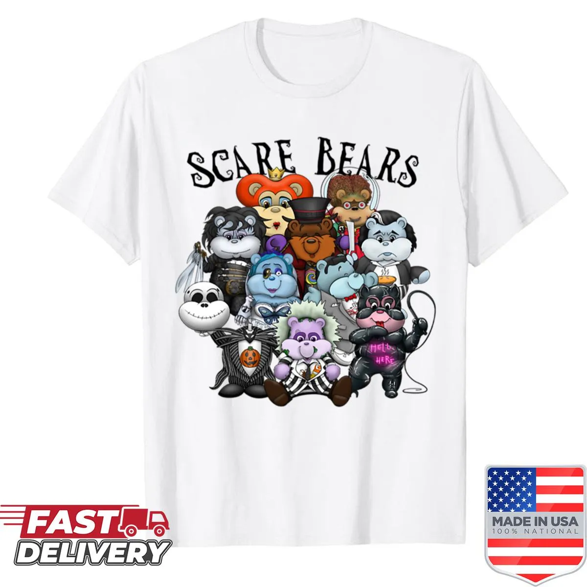 Group of horror-themed bears in a macabre design on a T-shirt