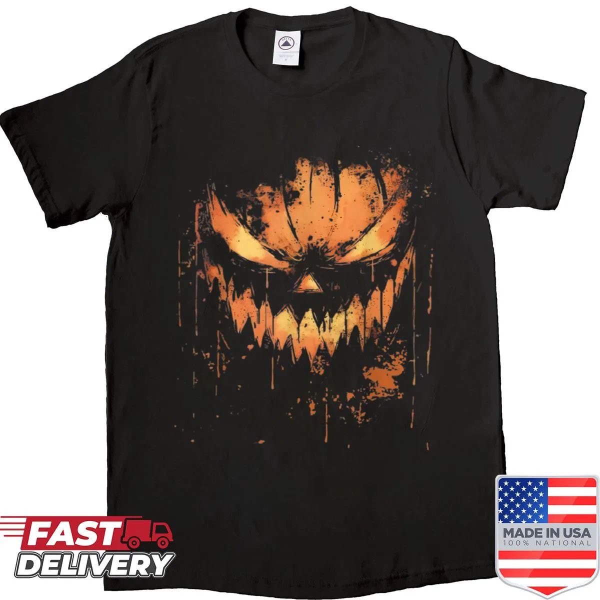 Scary jack-o'-lantern graphic on a Halloween t-shirt