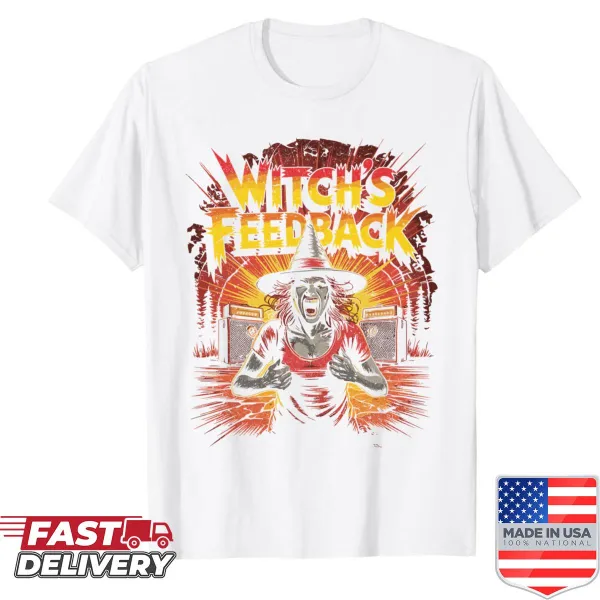 Shirt featuring a screaming witch graphic with amplifiers for Halloween