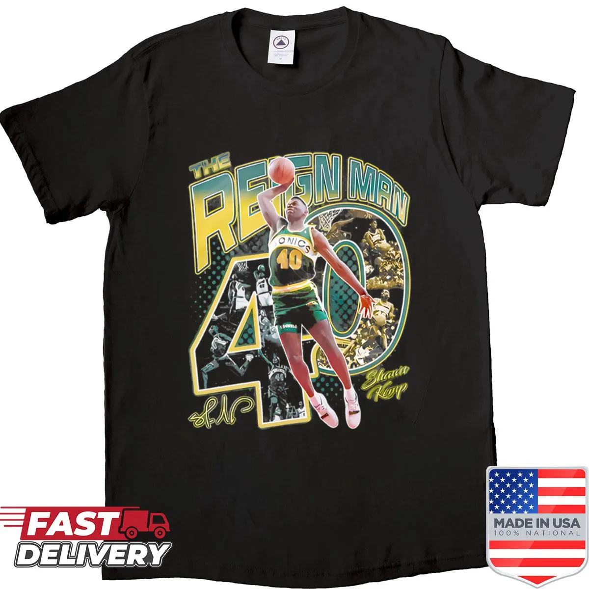 Oversized shirt featuring Shawn Kemp dunk art with bold text