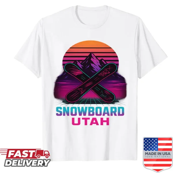 Dynamic illustration of snowboarding on Utah slopes featured on a shirt