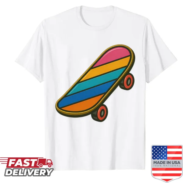 Shirt featuring an enamel pin design of a skateboard