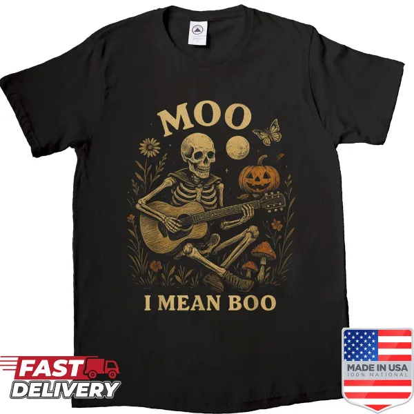 Vintage-style shirt with a skeleton playing guitar under a moon and wildflowers