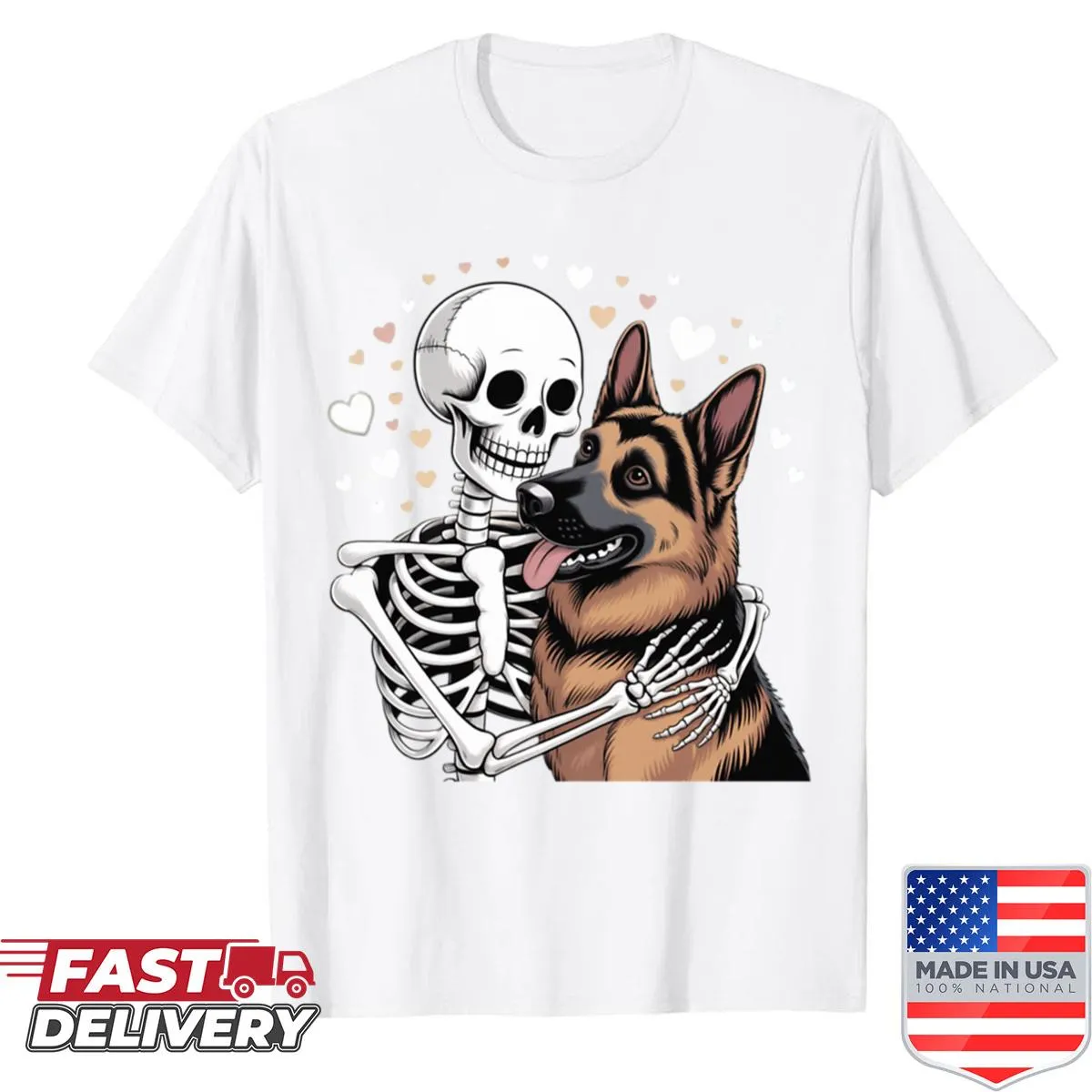 Cute Halloween shirt featuring skeleton hugging a German Shepherd