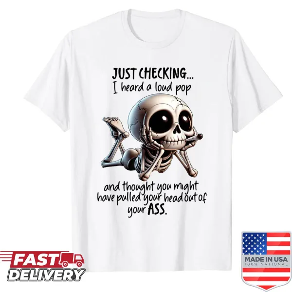 Skeleton graphic T-shirt with humorous text