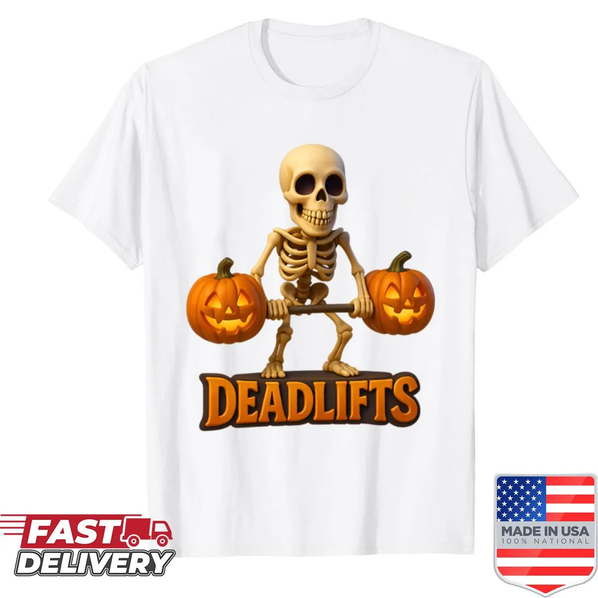 Funny Halloween Skeleton lifting weights with deadlifts text