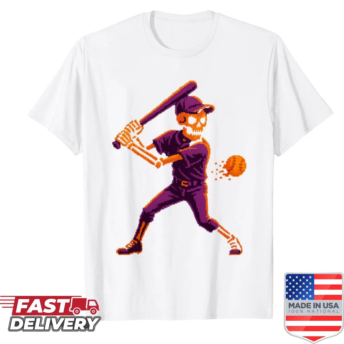 Fun skeleton graphic playing baseball for Halloween.