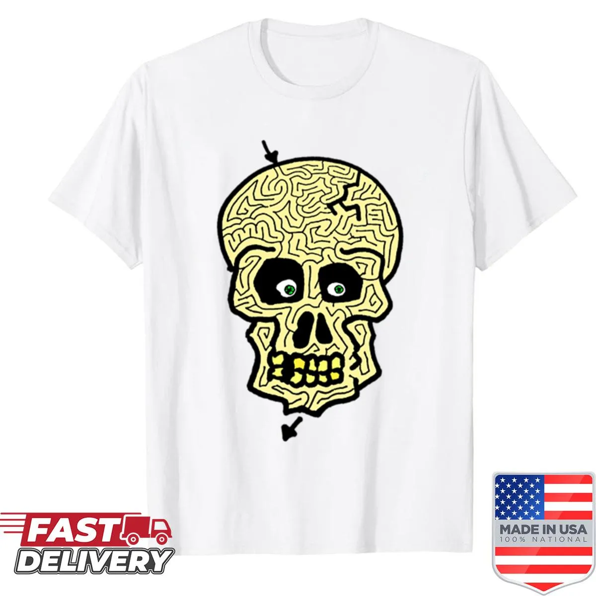 Intricate skull maze design on a shirt, abstract and thought-provoking.