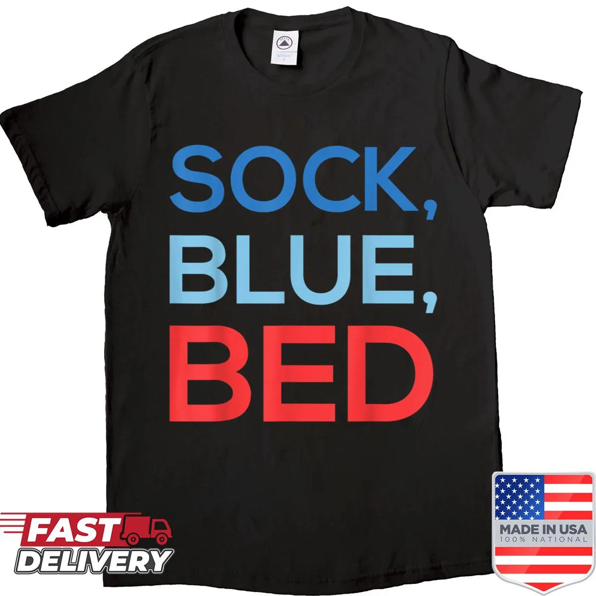 Minimalist shirt featuring a playful sock motif on a bed.