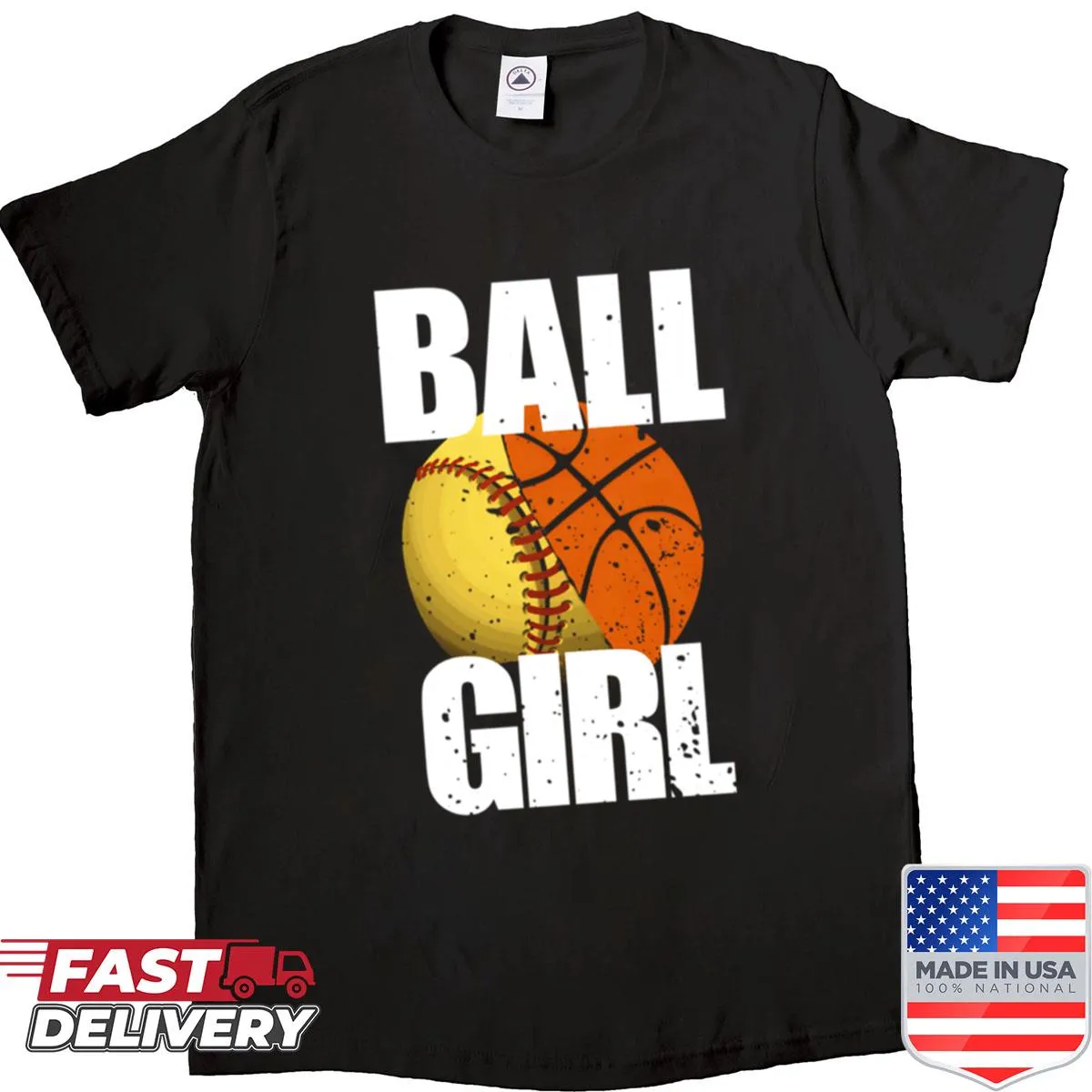 Oversized shirt featuring softball and basketball graphics