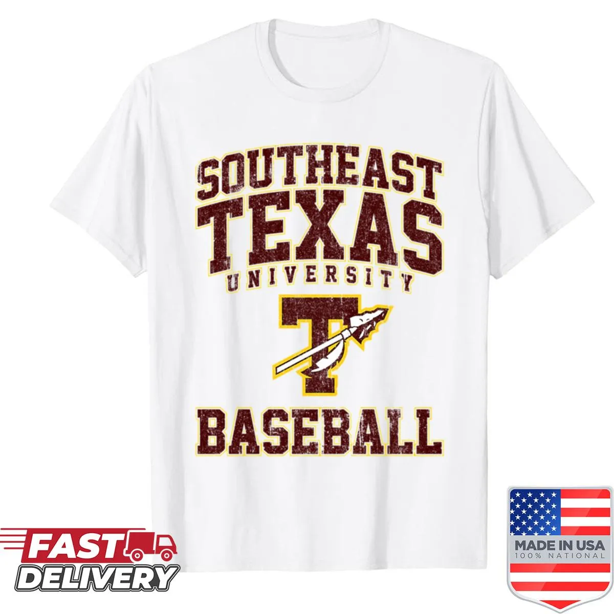 Southeast Texas University baseball emblem on a t-shirt