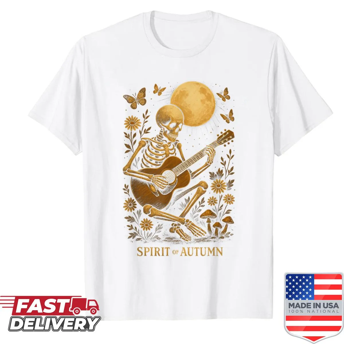Art shirt featuring a skeleton and autumn leaves in a spooky design