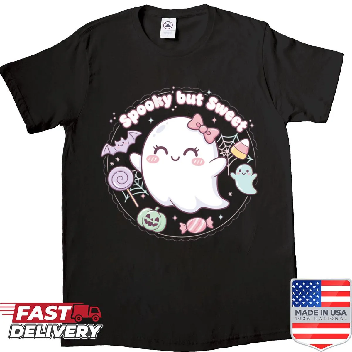 Kawaii-style shirt featuring a cute ghost design for Halloween.