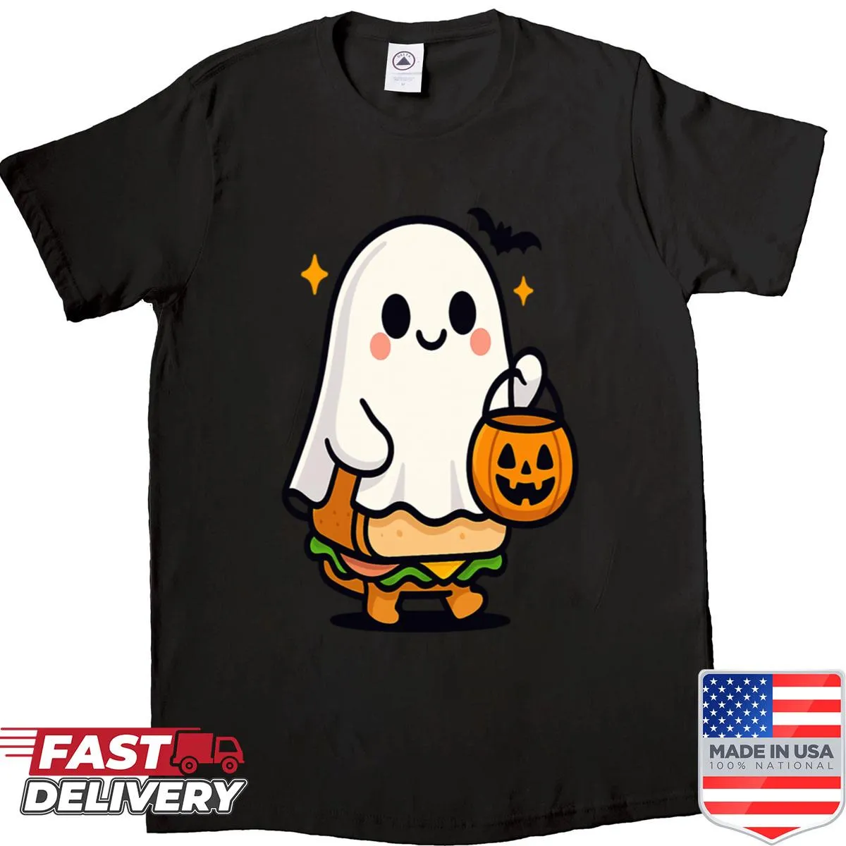 Kawaii ghost sandwich graphic on a humorous Halloween shirt