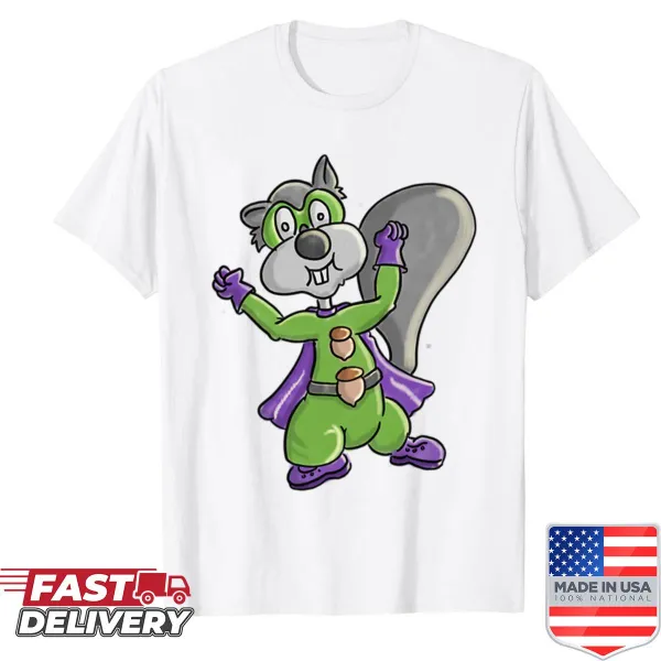 Cartoon squirrel superhero graphic on a playful kids' shirt