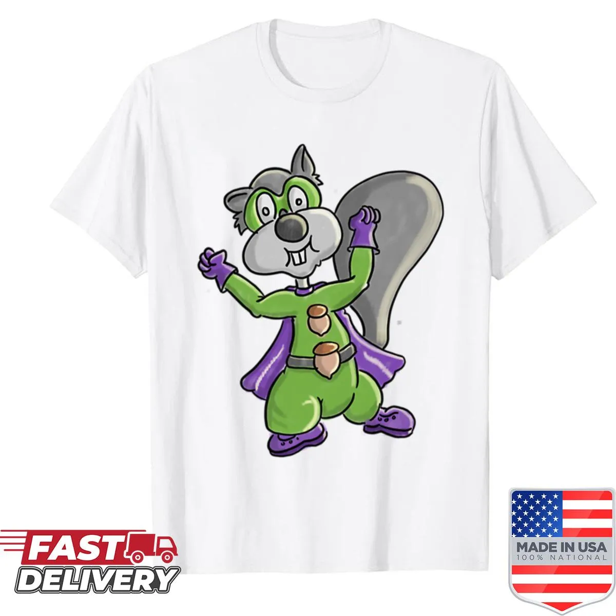 Cartoon squirrel superhero graphic on a playful kids' shirt