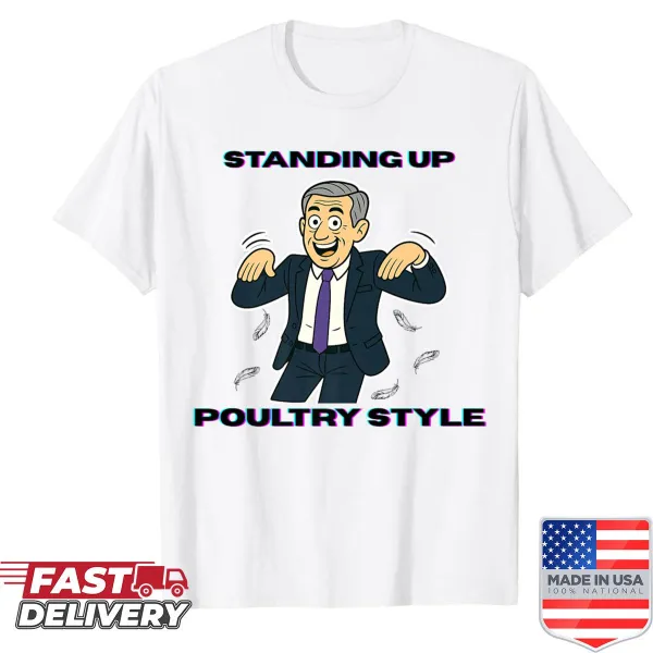 Cartoon chicken illustration on a playful shirt design
