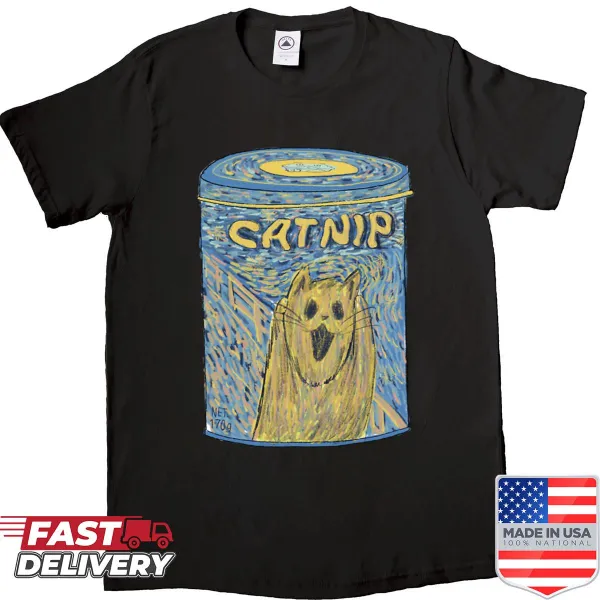 Funny cat art shirt inspired by Van Gogh with catnip theme