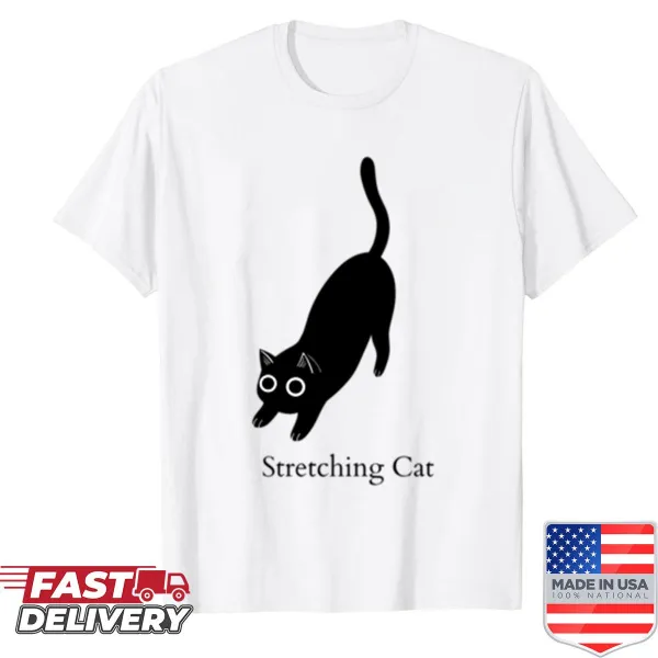 Minimalist illustration of a stretching black cat on a shirt