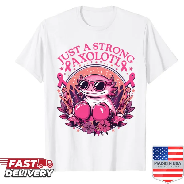 Illustration of a boxing axolotl with a pink ribbon for breast cancer awareness