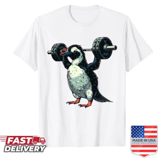 Cartoon shirt featuring a strong lifting penguin in a playful design