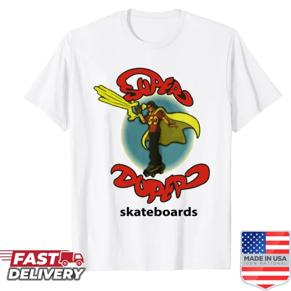 Cartoon graphic of skateboards on a T-shirt