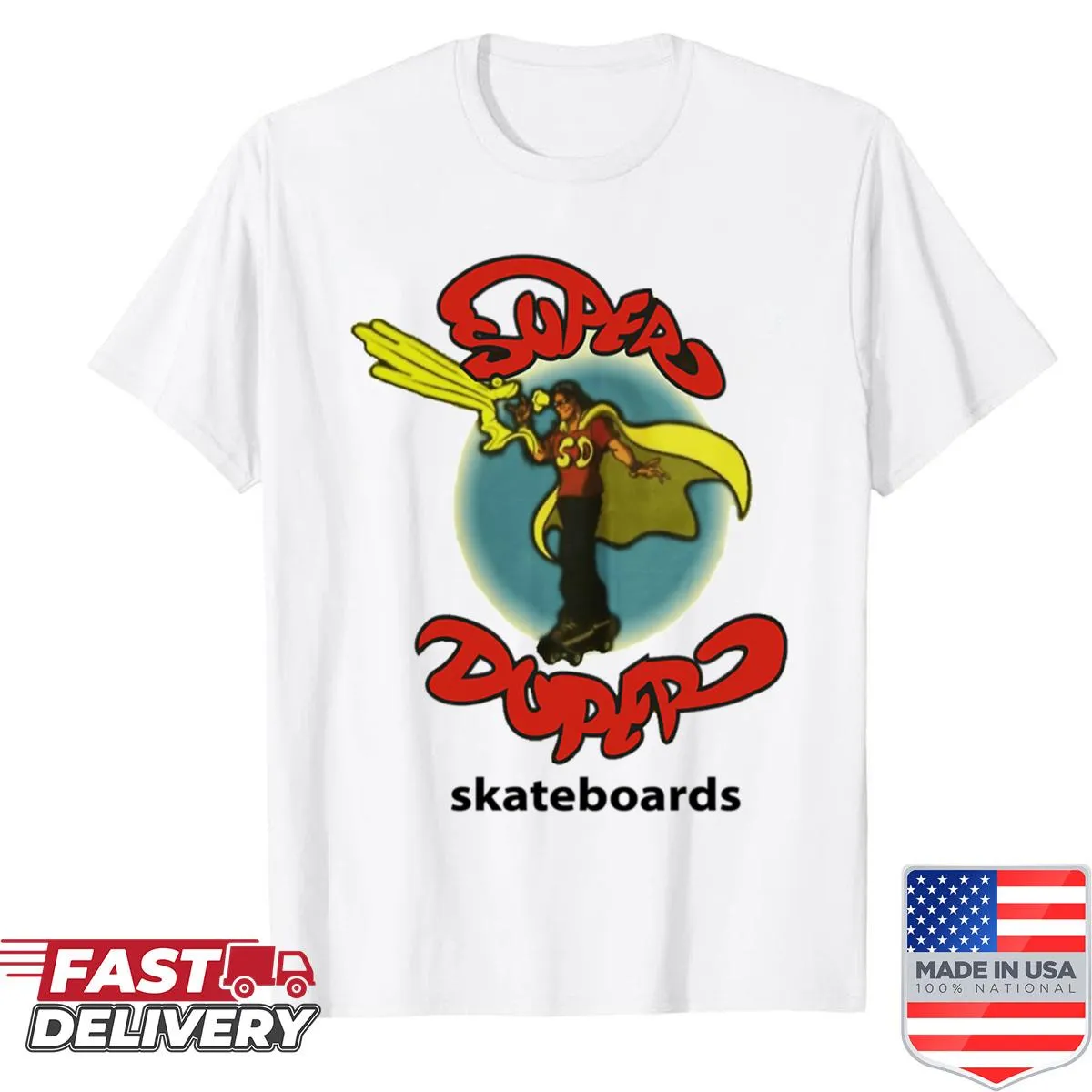 Cartoon graphic of skateboards on a T-shirt