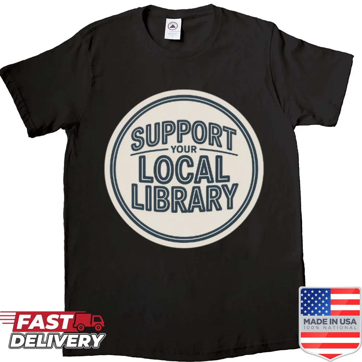 Badge-style shirt supporting local libraries and reading