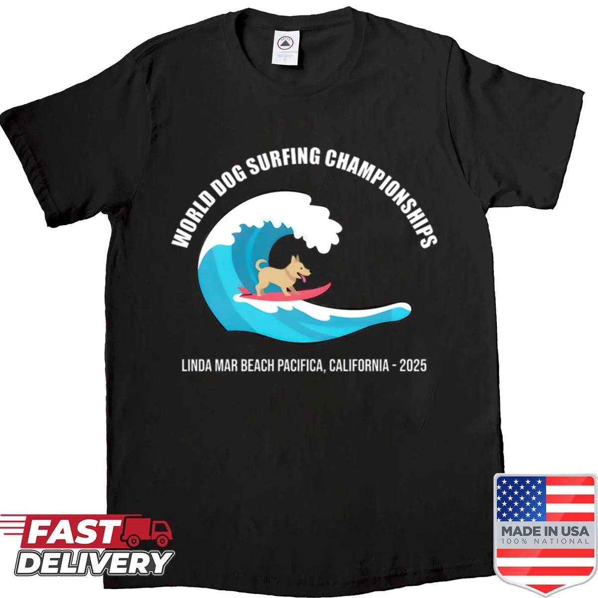 Illustration of a dog surfing on a wave with playful text
