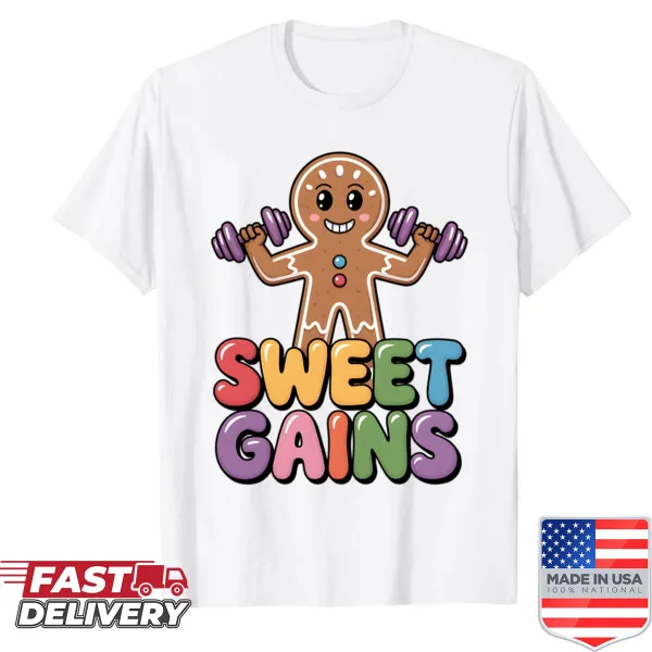 Playful gingerbread man lifting weights t-shirt