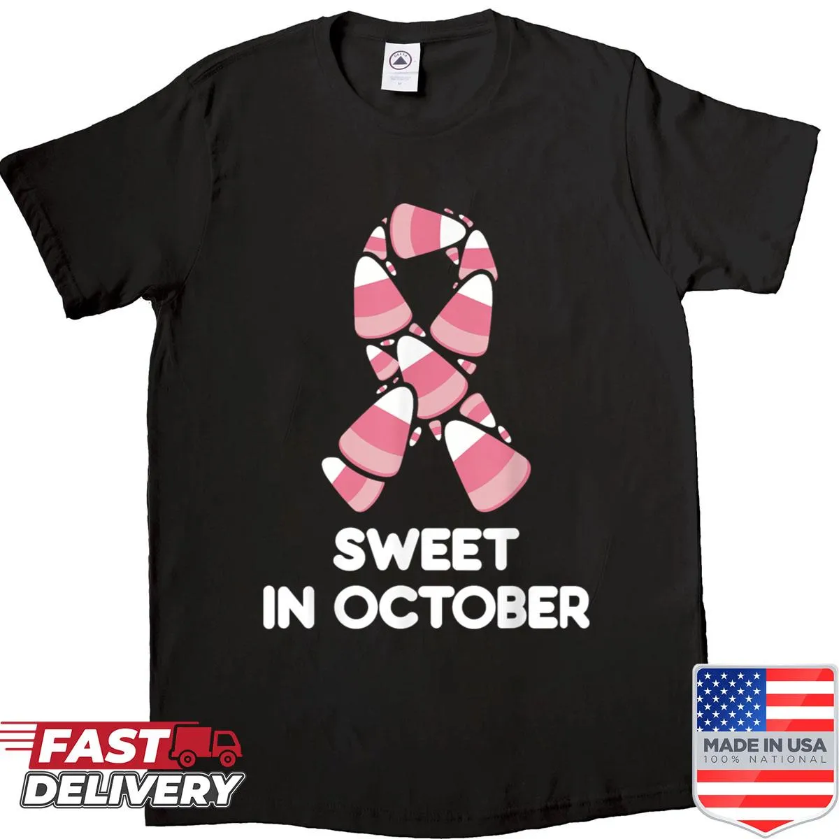 Illustrative design featuring candy corn and ribbon for breast cancer awareness