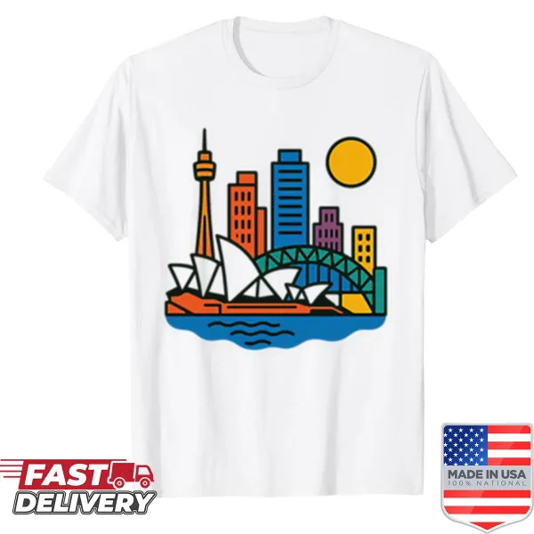 Playful pop-art style Sydney skyline graphic on a t-shirt