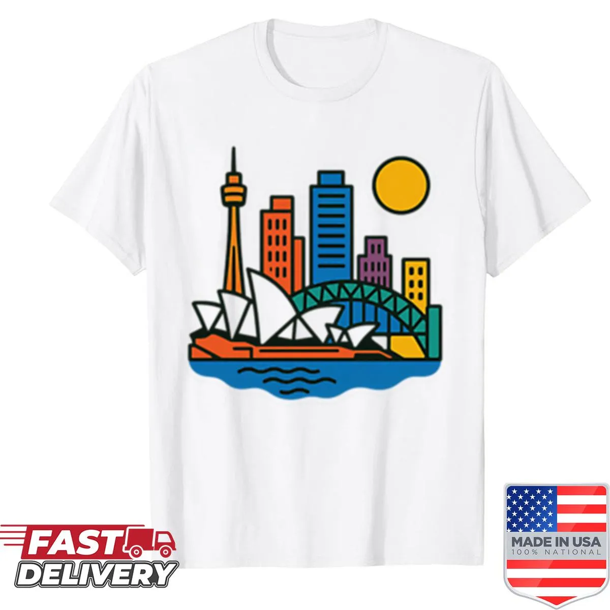 Playful pop-art style Sydney skyline graphic on a t-shirt