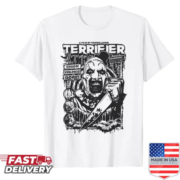 Terrifier movie art of a clown on a horror-themed T-shirt
