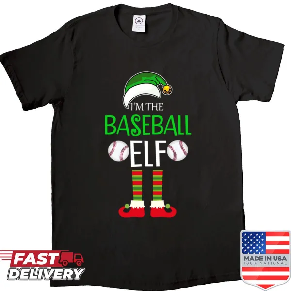 Baseball-themed elf illustration on a festive Christmas shirt