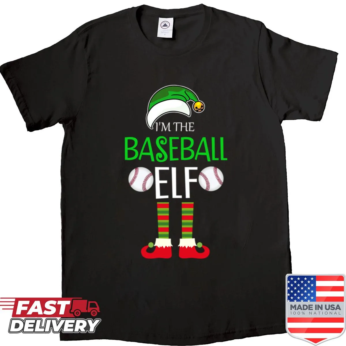 Baseball-themed elf illustration on a festive Christmas shirt