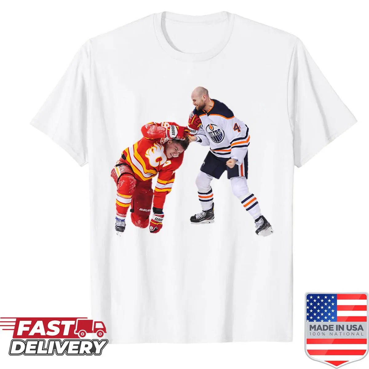 Oversized shirt representing the Battle of Alberta hockey rivalry