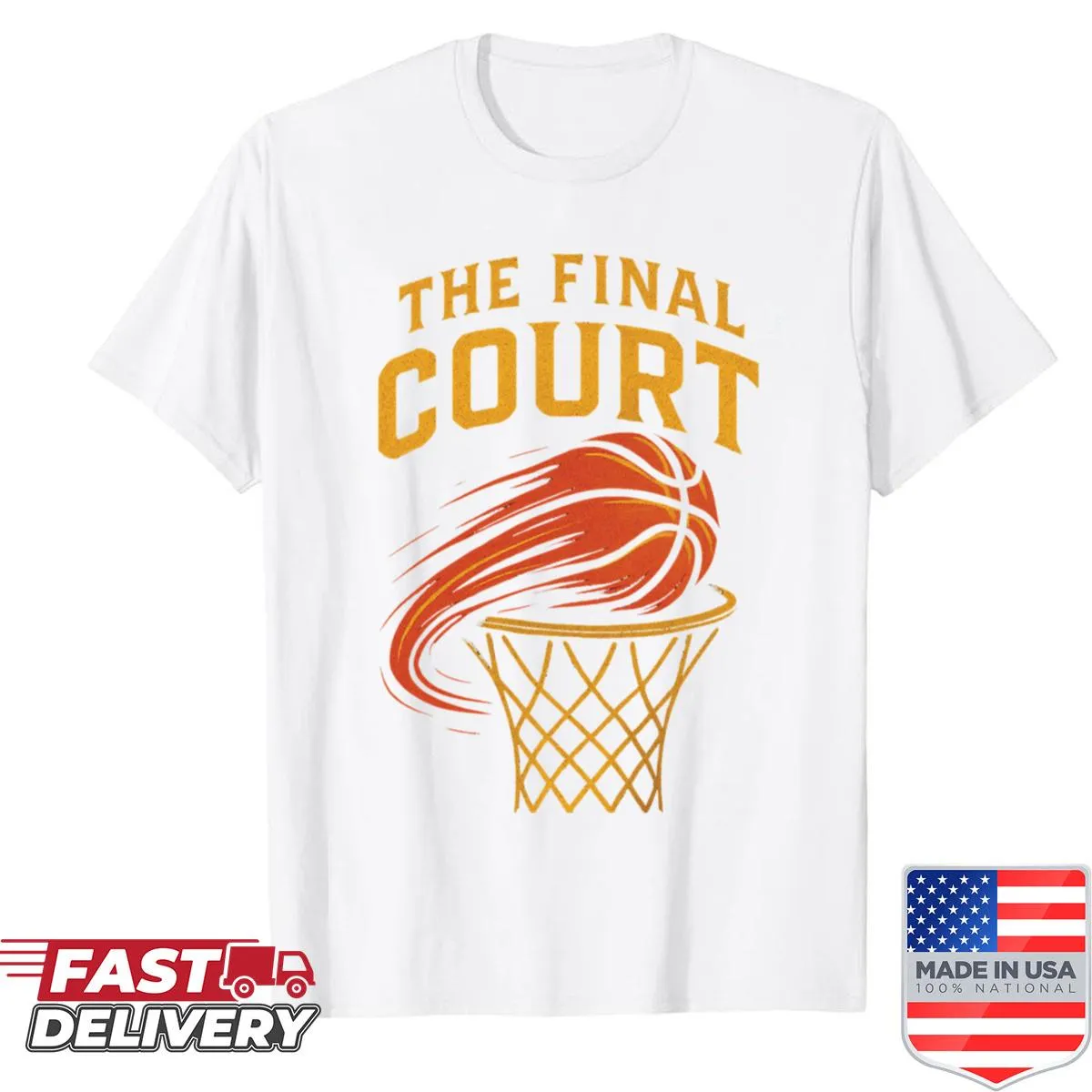 Basketball-themed t-shirt with flaming dunk typography