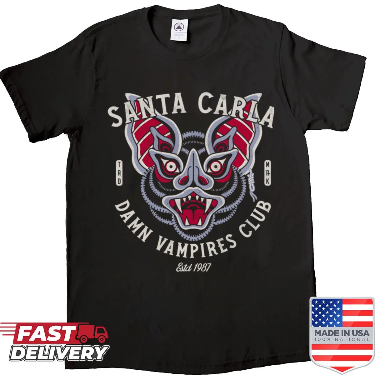 Shirt with playful 80s horror design and vampire theme