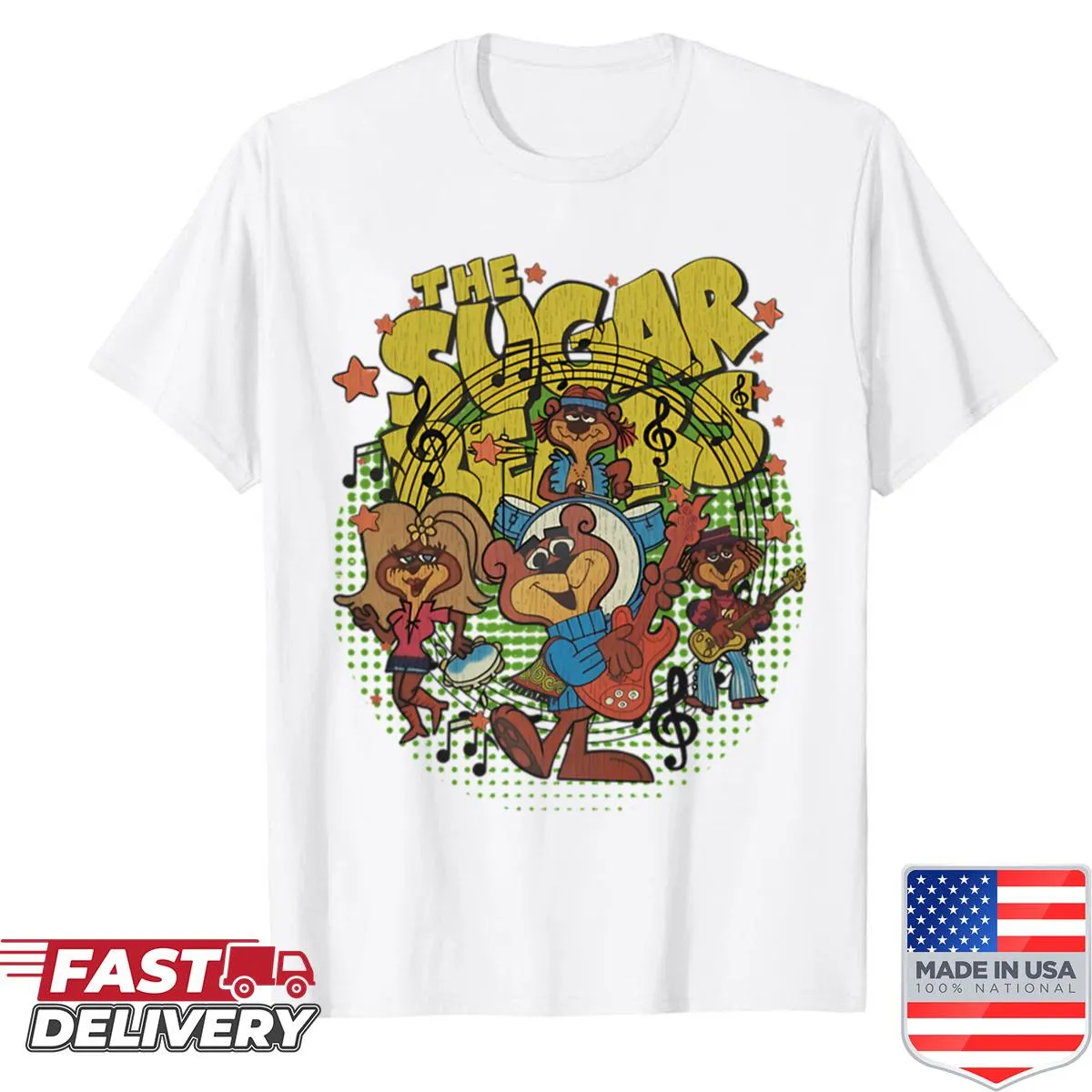 Groovy cartoon band design featuring The Sugar Bears on T-shirt