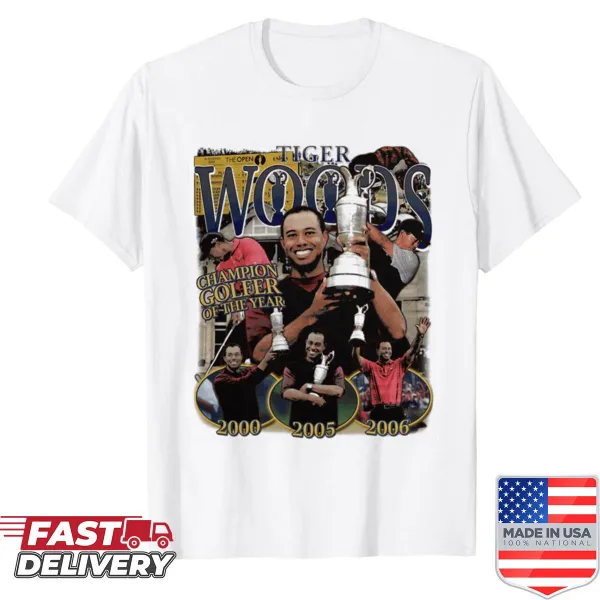 Tiger Woods Champion Golfer of the Year text design on a shirt