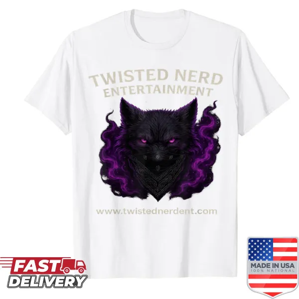 Artistic purple wolf graphic on T-shirt