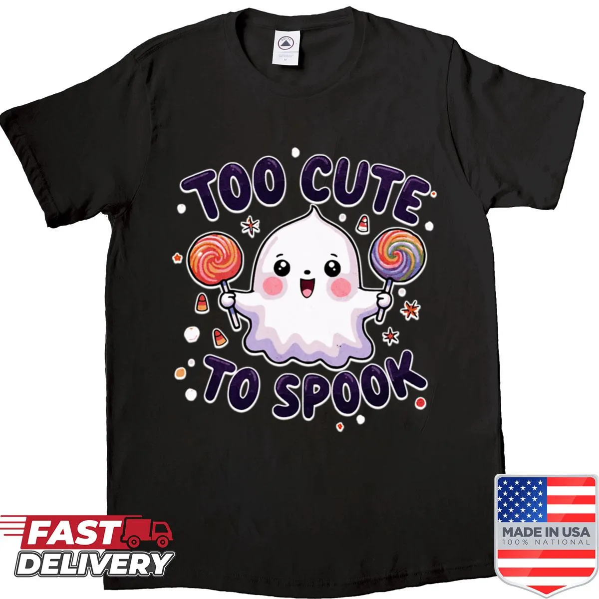 Kawaii Halloween ghost graphic on a playful t-shirt