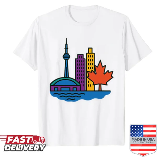 Pop art t-shirt featuring the Toronto skyline in a playful design