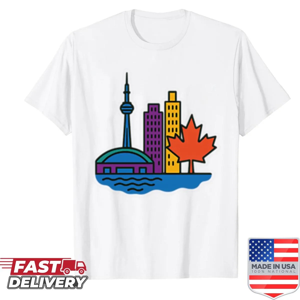 Pop art t-shirt featuring the Toronto skyline in a playful design