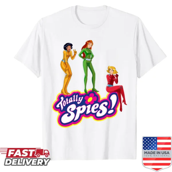 Iconic characters from Totally Spies on a pink shirt