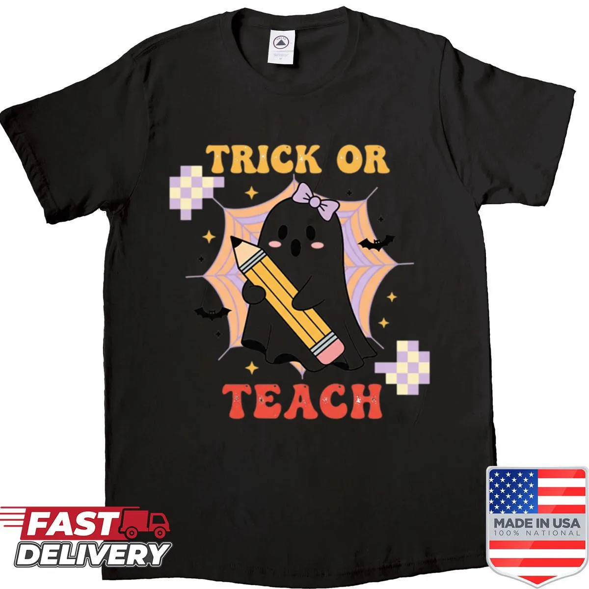 Funny teacher shirt with a ghost and 'Trick or Teach' text
