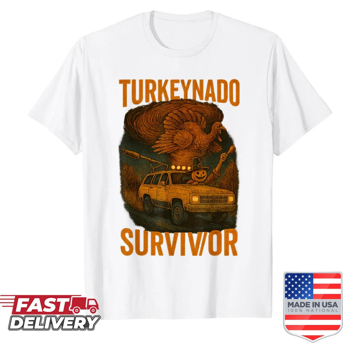 Cartoon turkey tornado design on a Halloween shirt for kids