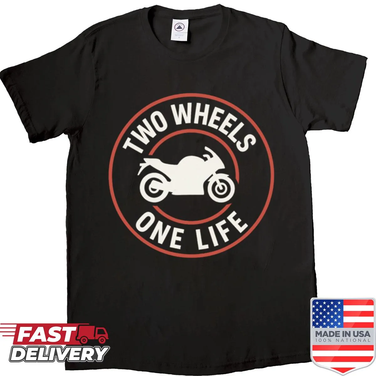 Minimalist motorcycle-themed shirt with the phrase 'Two Wheels One Life'